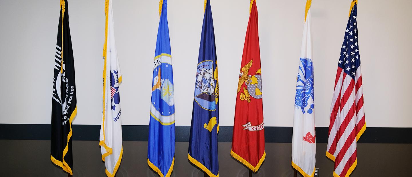 American and armed forces flags on flag poles
